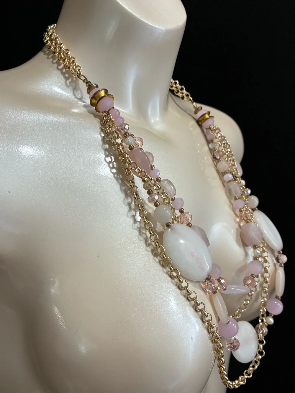 Multi-Strand Pink Rose Quart Chunky Beaded Gold-Tone Statement Necklace 156g